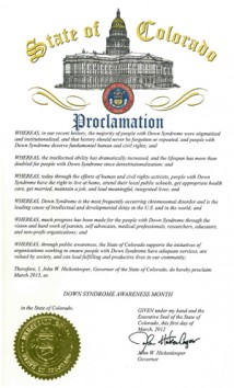 Colorado Governor John Hickenlooper proclaims March as Down Syndrome Awareness Month in Colorado