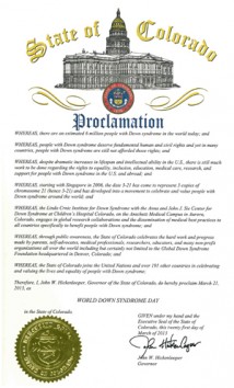 Colorado Governor John Hickenlooper proclaims March 21 as World Down Syndrome Day in Colorado