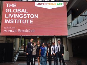 PhotoCredit GLI; L-R Jamie Van Leeuwen; Bryn Gelaro; Taylor Shields; Dr. Thelma Awori, honorary consul general of the republic of Liberia; Michelle Sie Whitten; Chris Callanan; Ryan Grundy